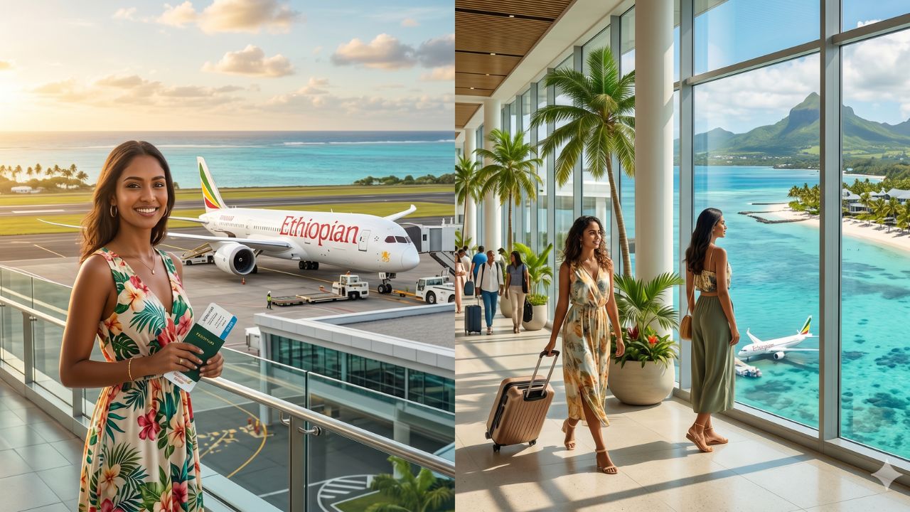 A highly dramatic scene capturing a massive Ethiopian Airlines aircraft preparing for a direct flight to Mauritius, bypassing traditional travel chaos
