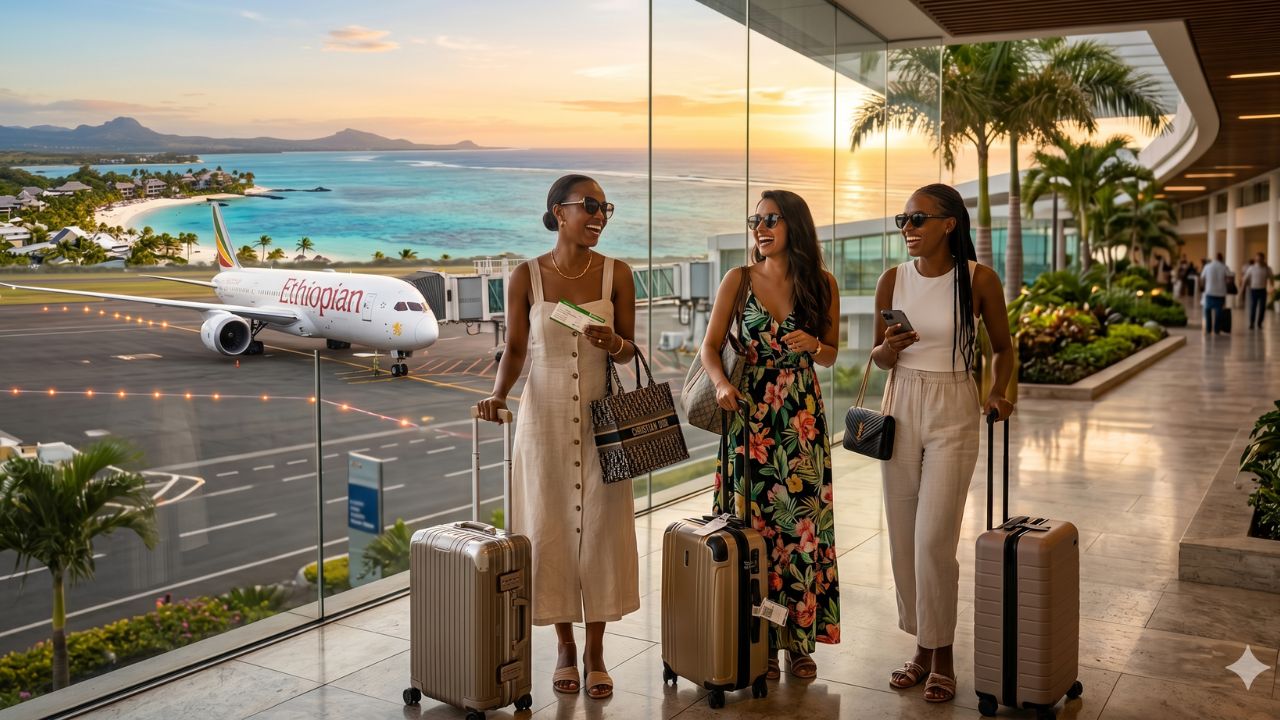 A highly pristine Ethiopian Airlines widebody aircraft soaring above the crystal-clear waters of Mauritius, illustrating a massive new direct route bypassing severe African transit travel congestion