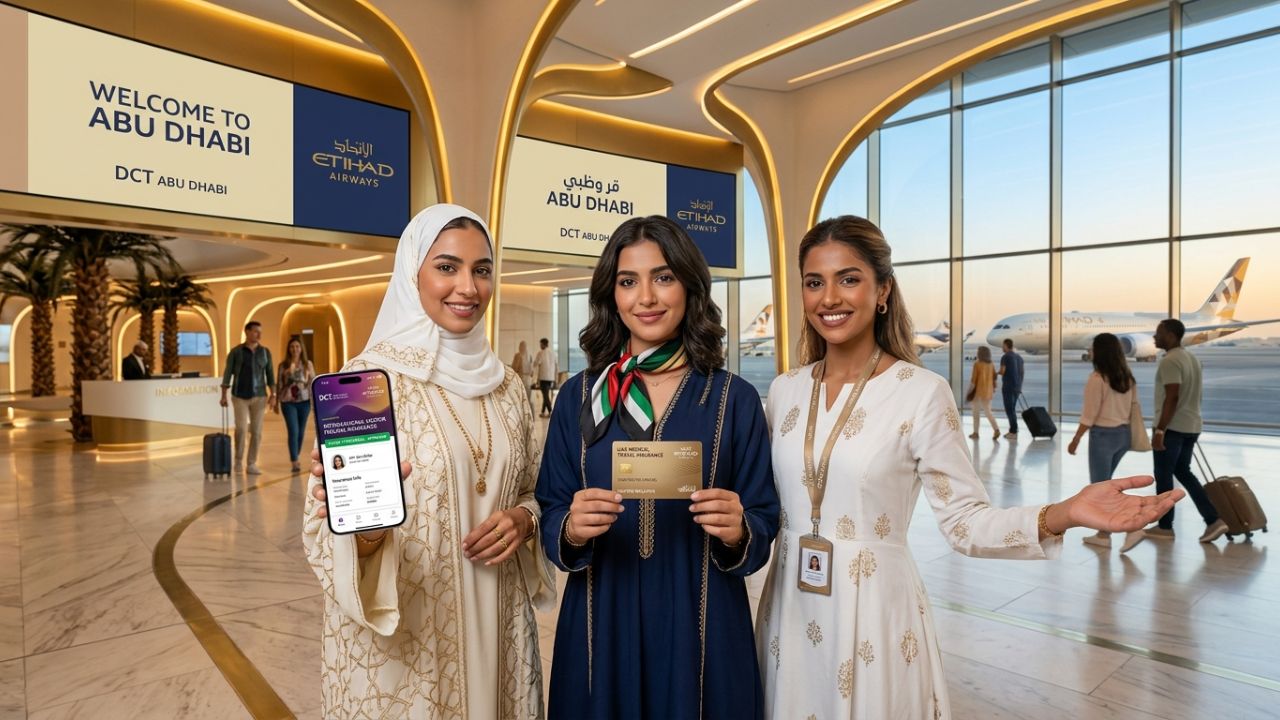 An Etihad Airways jet parked at Abu Dhabi International Airport, symbolizing the secure fortress hub offering complimentary medical insurance to international transit passengers.