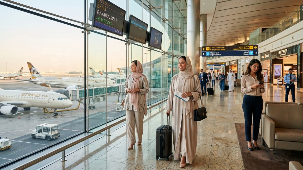 A sleek Etihad Airways narrow-body jet ascending powerfully from Abu Dhabi International Airport, operating the newly expanded double-daily route to Kabul
