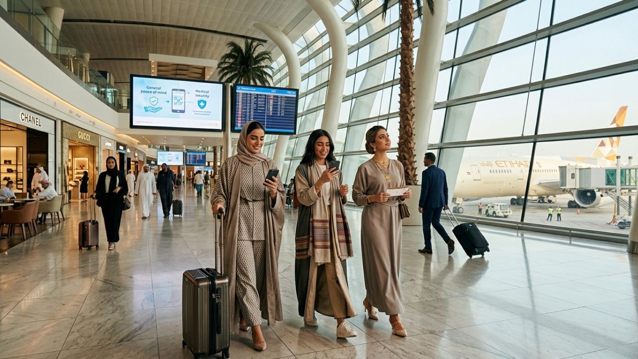 A highly dramatic scene capturing relaxed, protected passengers navigating a luxurious Abu Dhabi terminal, contrasting sharply with the severe global travel chaos and airport disruptions occurring elsewhere