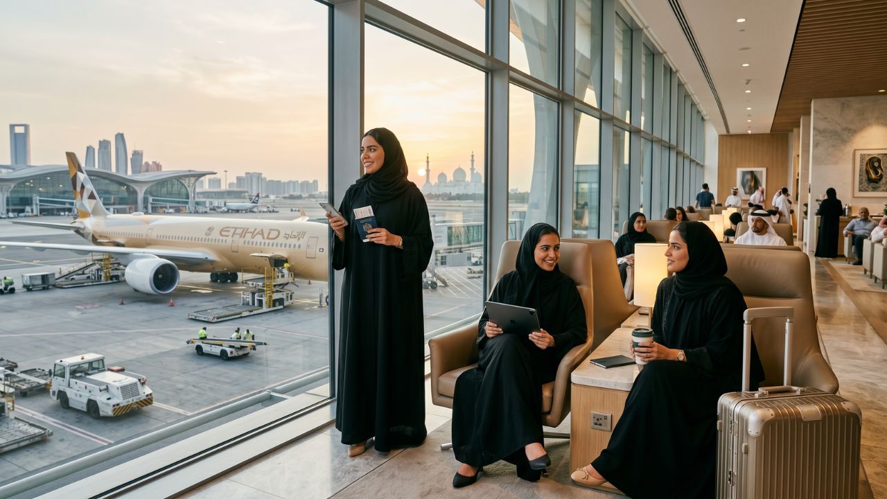 An Etihad Airways Boeing 787 Dreamliner soaring majestically above the modern Abu Dhabi skyline, symbolizing safe and secure international transit