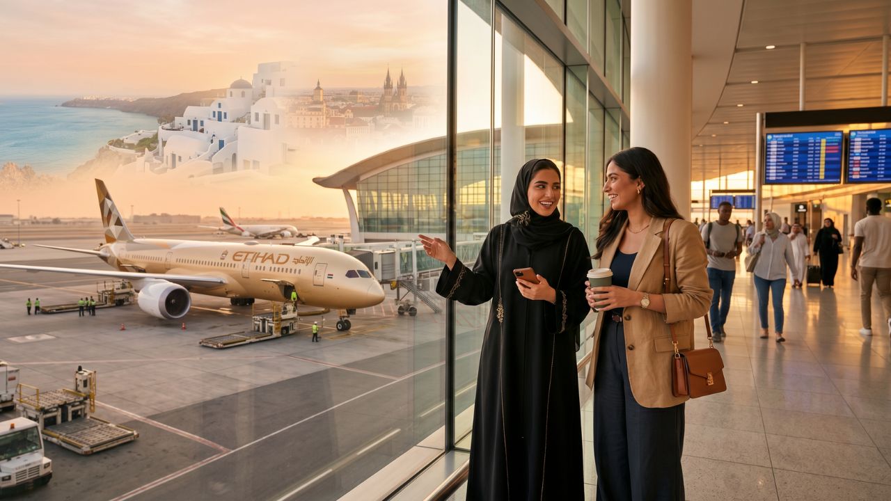 A massive lineup of Etihad Airways wide-body aircraft dominating the tarmac at Zayed International Airport in Abu Dhabi, symbolizing the airline's aggressive expansion against Gulf rivals