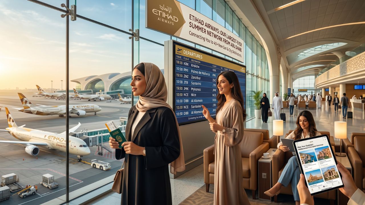 A massive Etihad Airways wide-body jet ascending powerfully into the sky above Abu Dhabi, launching the airline's historic summer 2026 network expansion
