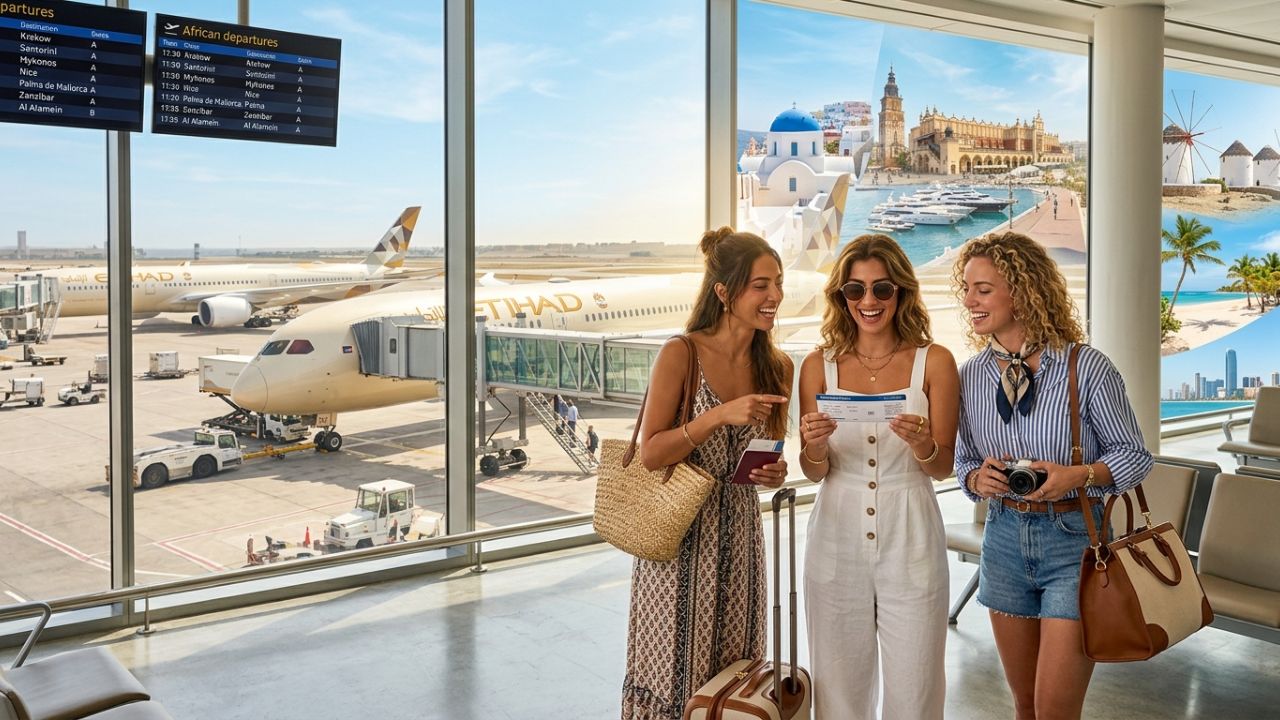 A highly dramatic scene capturing an Etihad Airways passenger jet powering out of a Middle Eastern hub, representing a massive strategic deployment designed to rescue international travelers from severe regional airport disruptions and travel chaos
