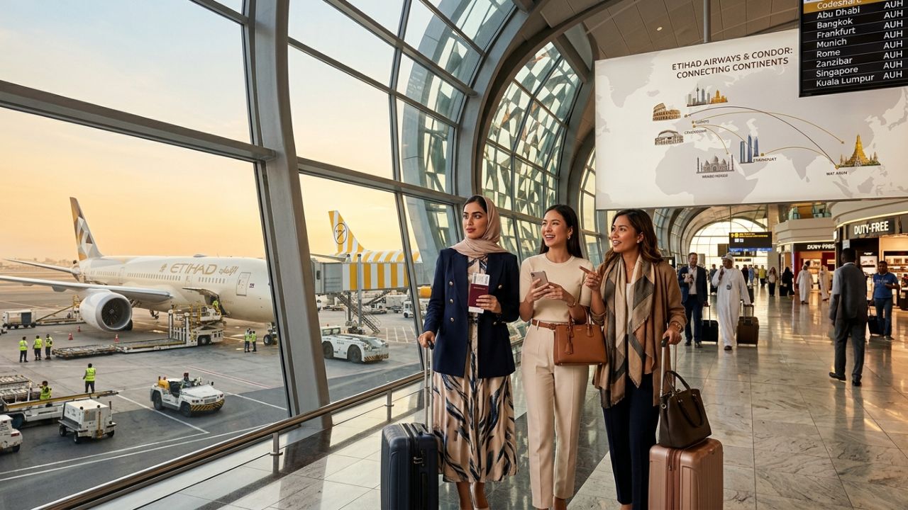 A highly dramatic scene capturing an Etihad and Condor aircraft bypassing heavily congested airport hubs, representing a massive strategic alliance designed to help travelers escape severe global travel chaos