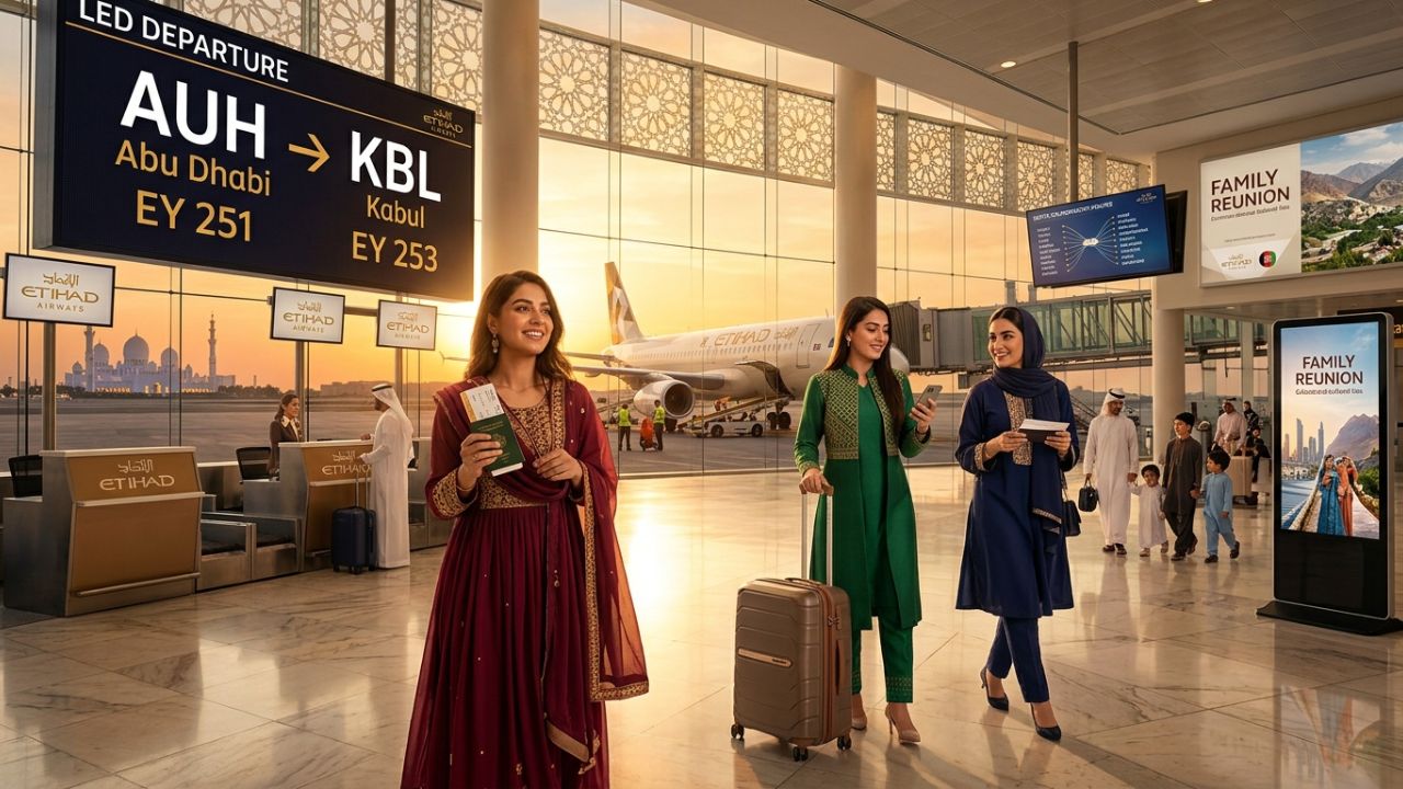 A highly dramatic scene capturing massive passenger relief as Etihad Airways aggressively deploys its Airbus A320 fleet to Kabul, violently shielding international travelers from terrifying flight cancellations and disconnected airport disruptions