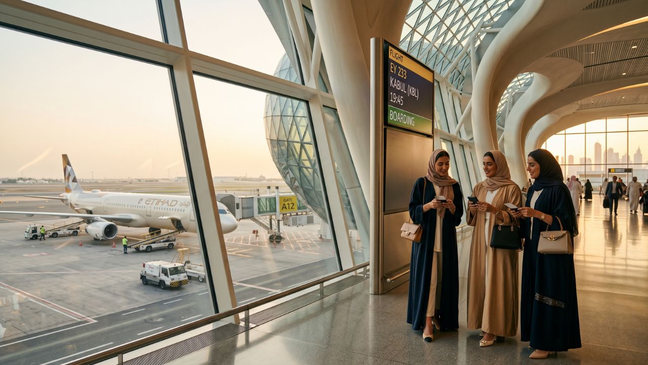 An Etihad Airways Airbus A320 operating the expanded Abu Dhabi to Kabul route, providing a highly reliable transit corridor that successfully bypasses regional travel chaos and flight cancellations