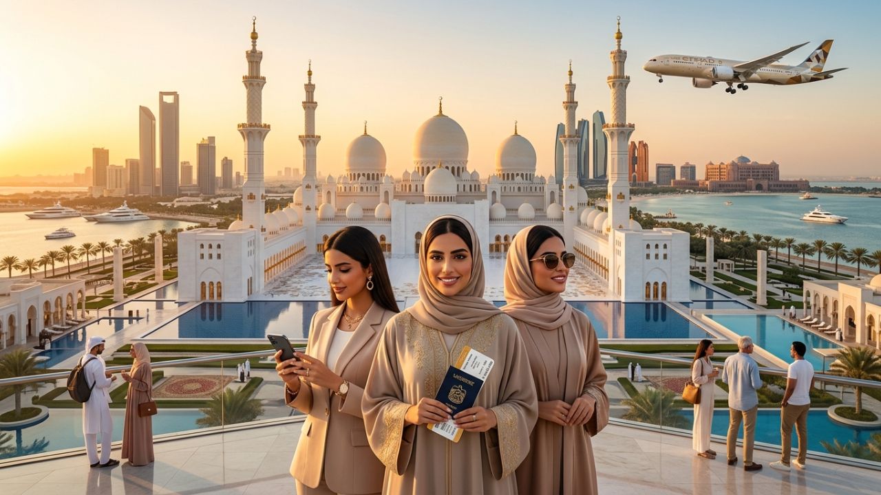 A highly dramatic scene capturing an Etihad Airways jet touching down safely in Abu Dhabi, representing the massive strategic deployment of complimentary medical insurance designed to rescue international travelers from severe anxiety and travel chaos