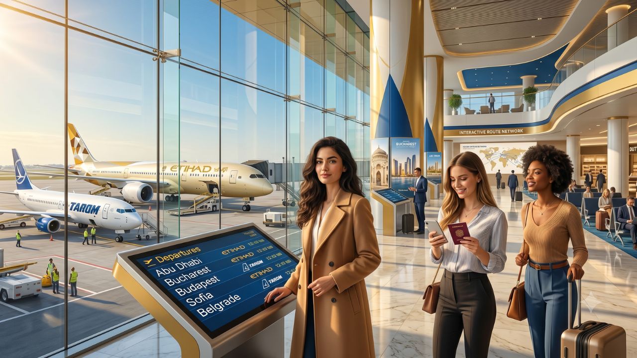 A highly dramatic scene capturing massive passenger congestion and severe travel chaos as Etihad and TAROM aggressively deploy a massive codeshare agreement to bypass terminal gridlock