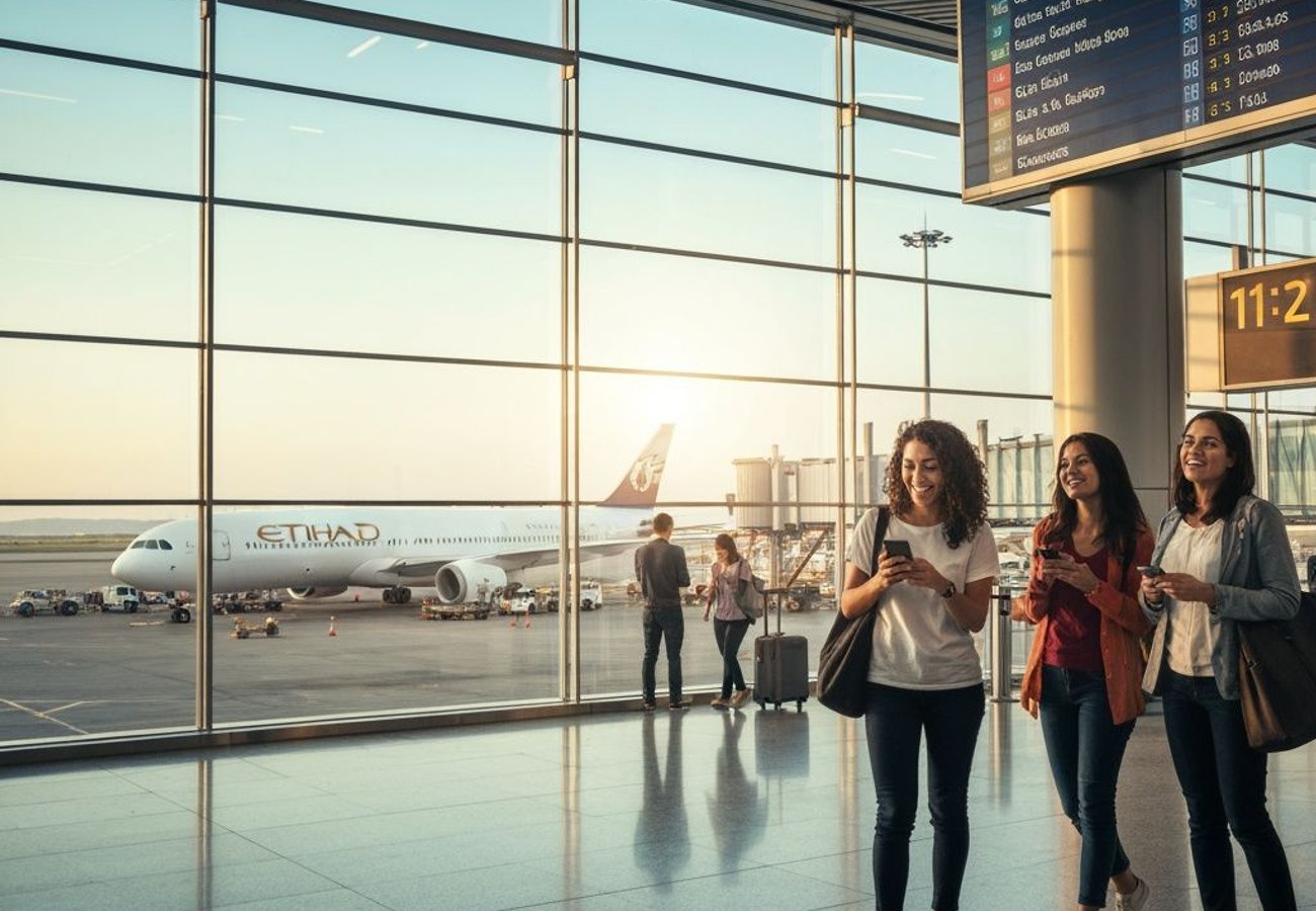 Abu Dhabi airport terminal with Etihad Airways aircraft and Tashkent skyline representing expanded Central Asia connectivity