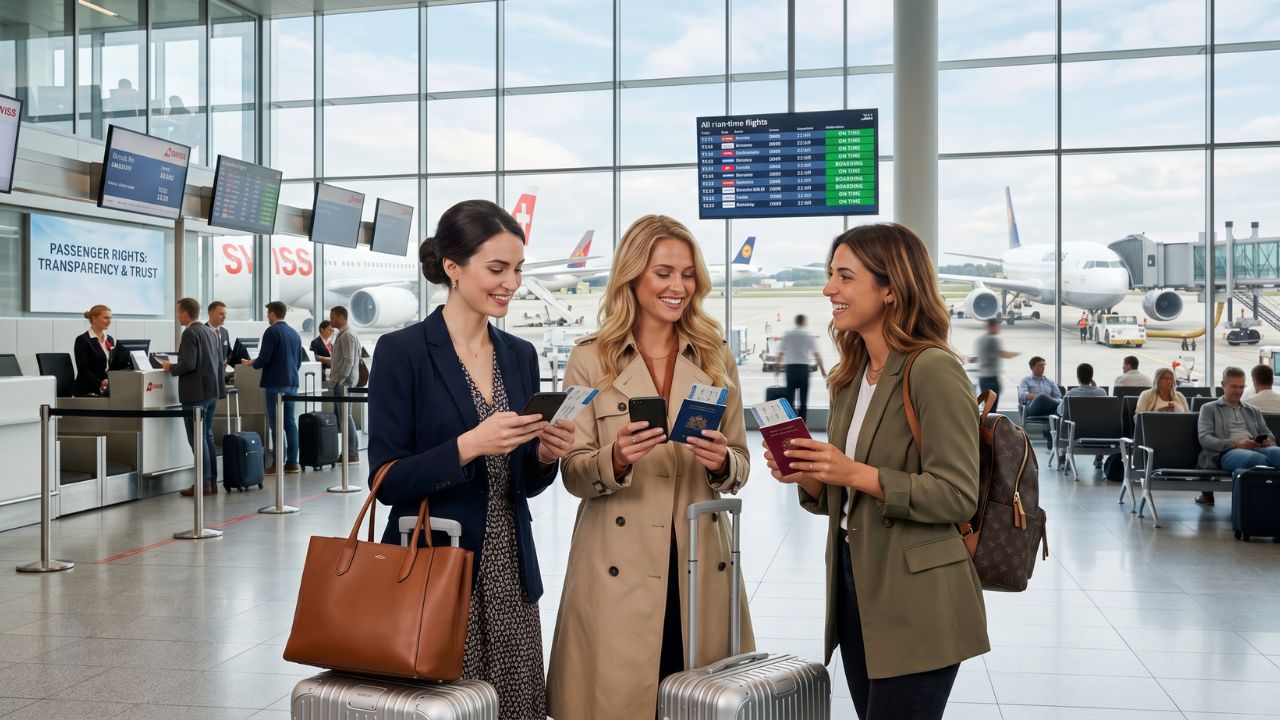 Frustrated passengers at a European airport demanding their legally mandated cash compensation after massive travel chaos and sudden flight cancellations ruined their holidays