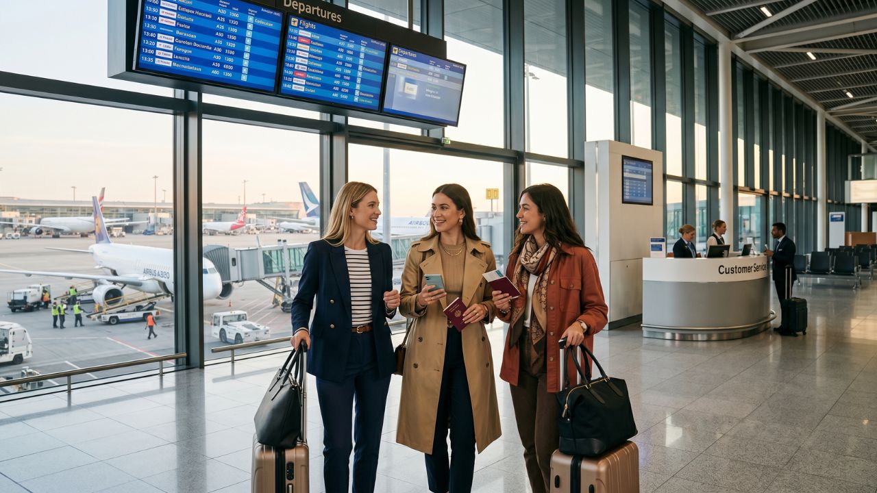 A congested European airport terminal where passengers are battling severe travel chaos and flight cancellations, now protected by the EU's strict 96-hour compensation notification rule