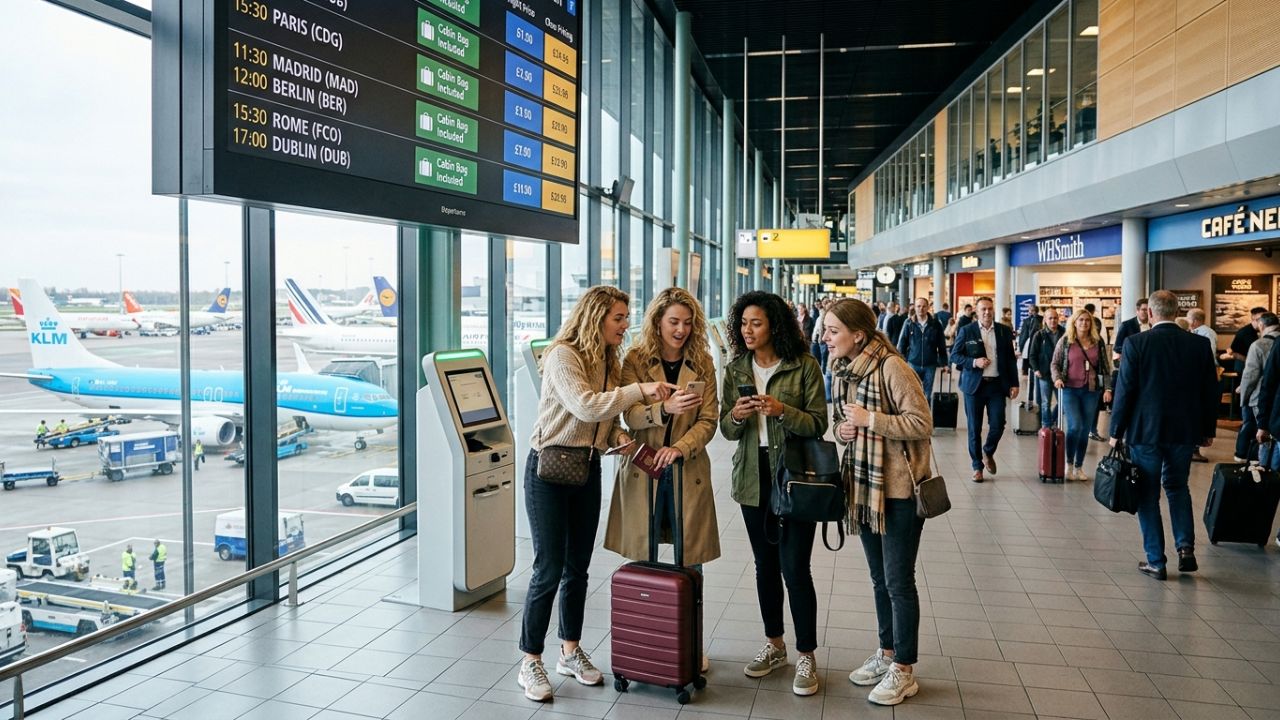 A busy European airport terminal, symbolizing the massive pricing reset as the EU cabin bag reform eliminates hidden fees to prevent travel chaos and passenger disputes