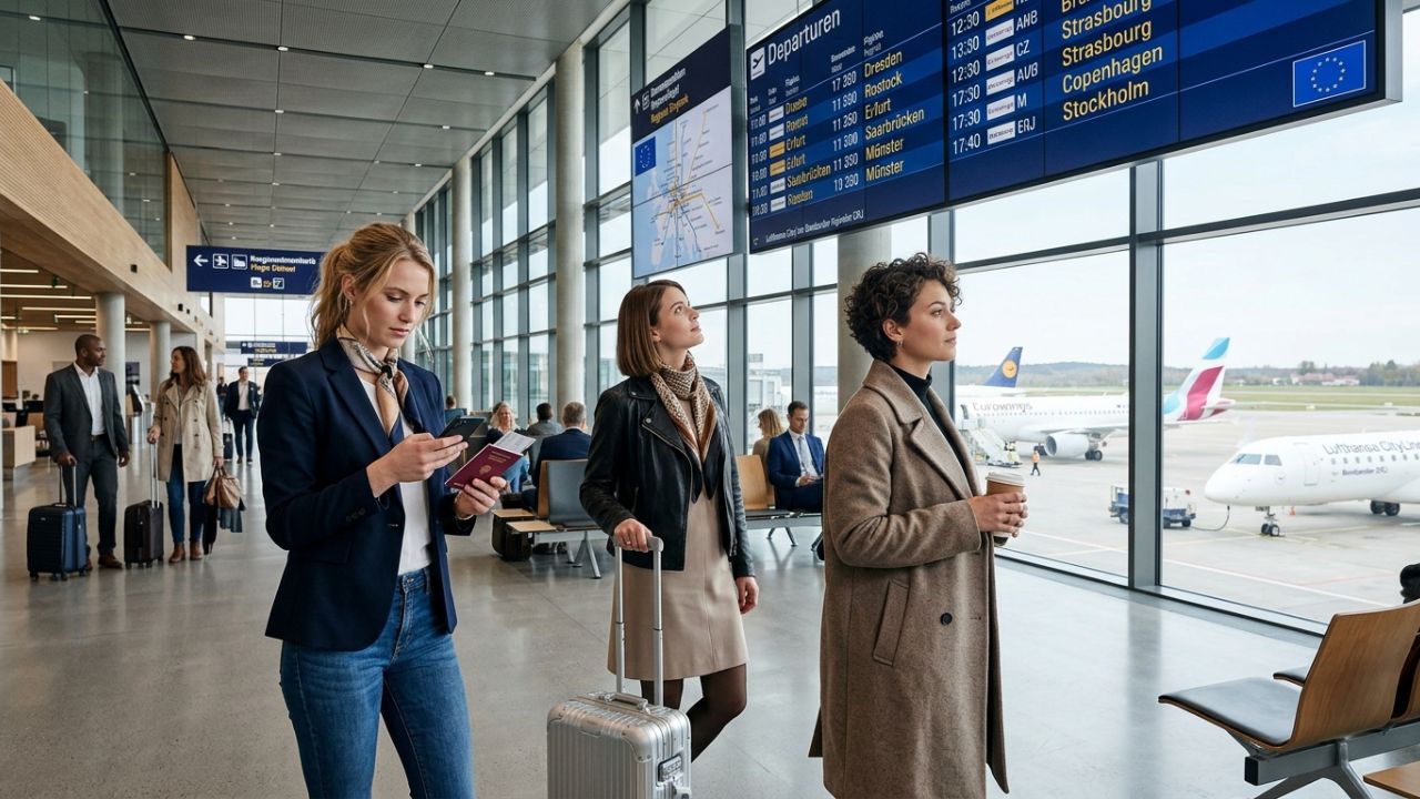 A highly dramatic scene capturing a deserted regional airport terminal in Germany, representing the massive strategic threat of EU funding cuts designed to bankrupt smaller hubs and spark severe regional airport disruptions and travel chaos