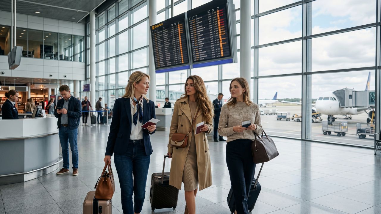 Frustrated passengers at a European airport demanding their EU261 financial compensation after severe travel chaos and massive flight cancellations destroyed their summer itineraries