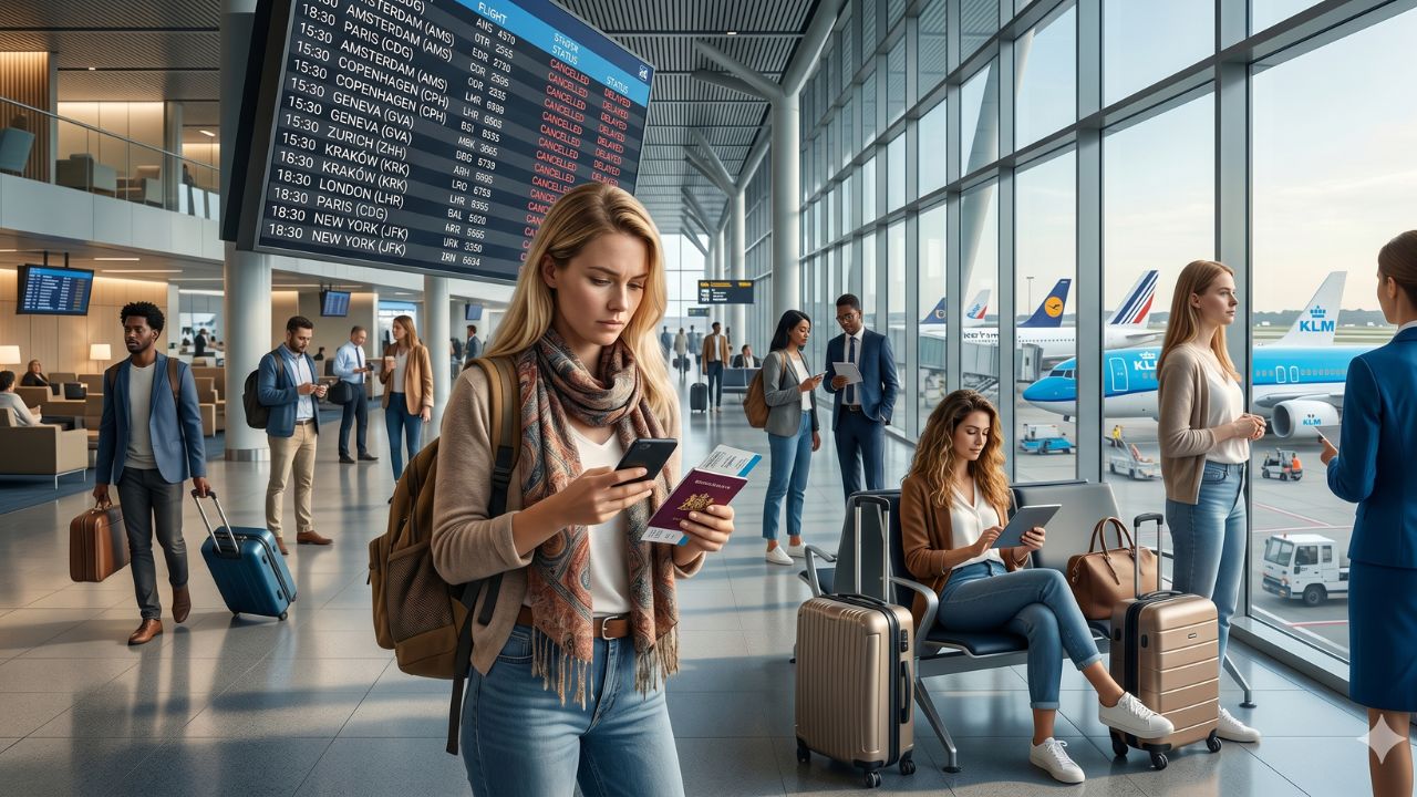 A highly dramatic scene capturing thousands of stranded passengers facing terrifying travel chaos and massive flight cancellations across Amsterdam, Paris, and European airports