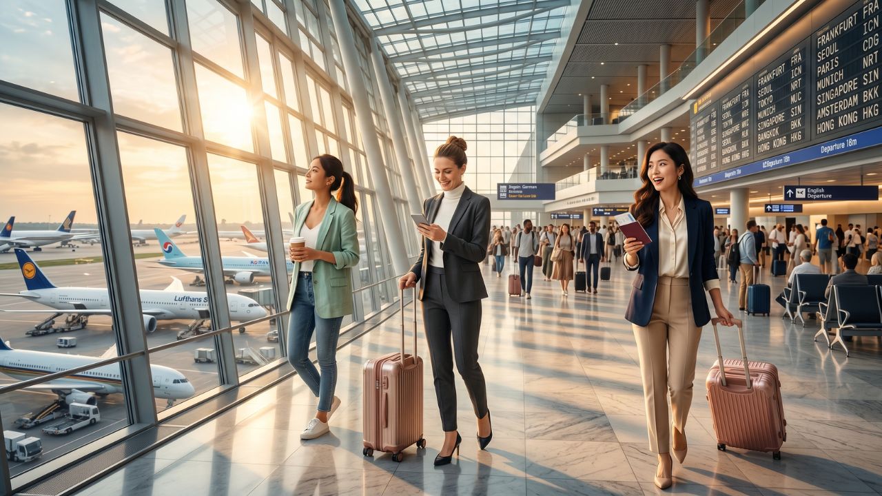 A massive crowd of stranded passengers flooding the departures hall at Frankfurt Airport as the unprecedented Europe-Asia travel surge triggers extreme travel chaos and flight cancellations