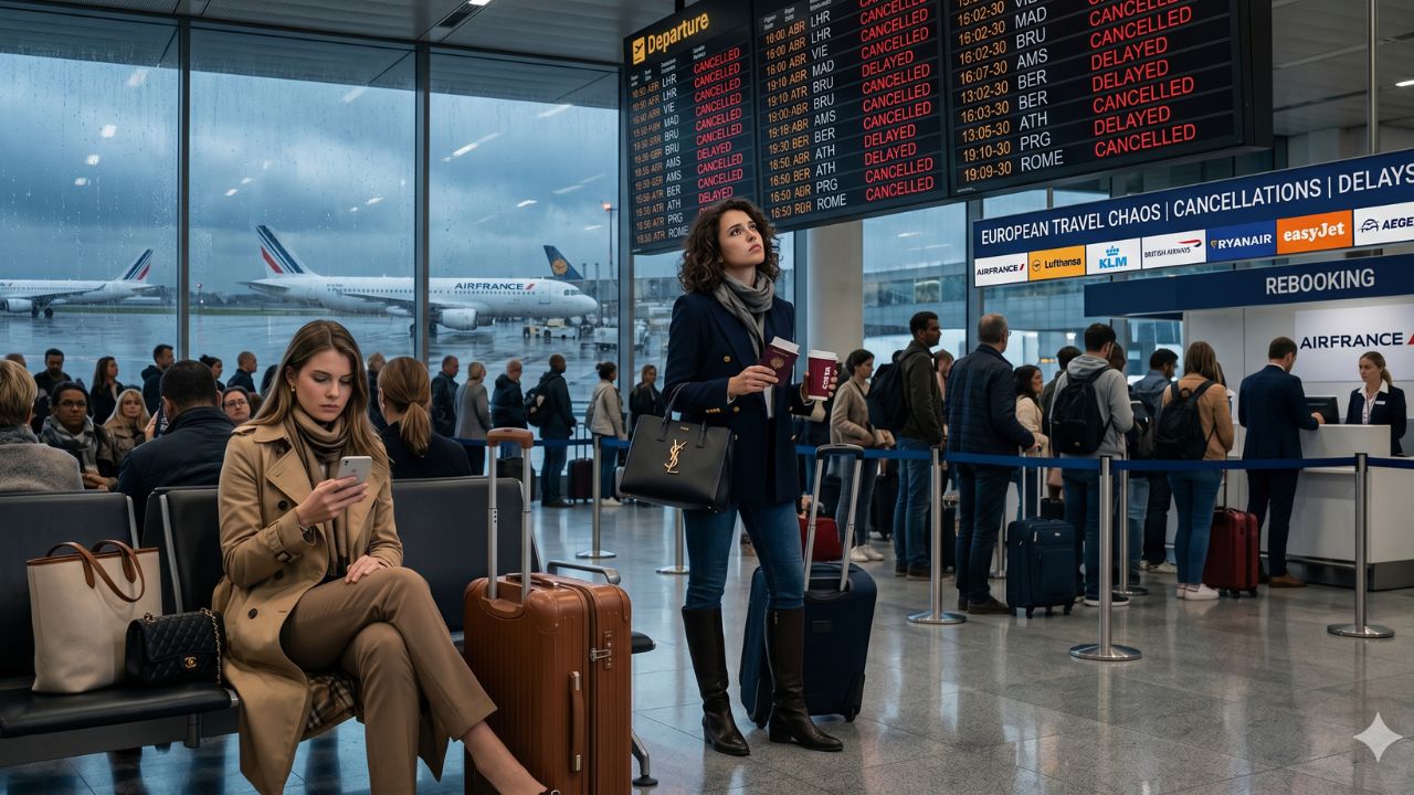 A highly chaotic scene at Brussels Airport showing thousands of stranded travelers staring at red departure monitors filled with severe flight cancellations and delays due to an ATC strike