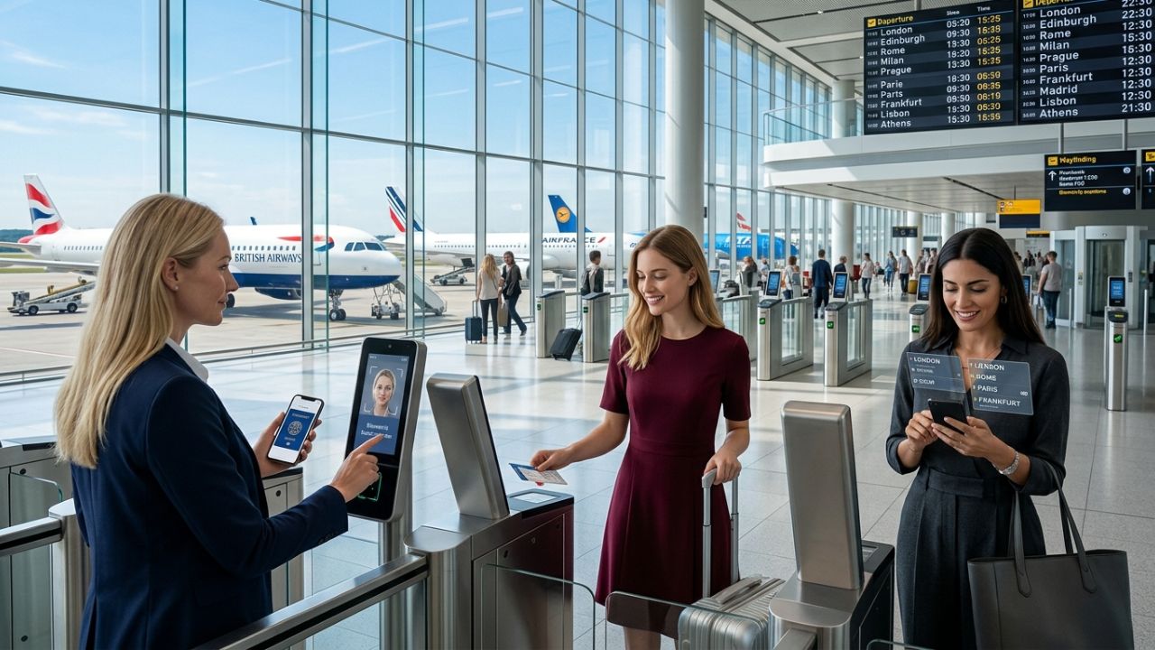 A highly dramatic scene capturing massive passenger frustration as European airports aggressively enforce contradictory liquid limits and terrified biometric border checks, sparking massive terminal bottlenecks and regional travel chaos