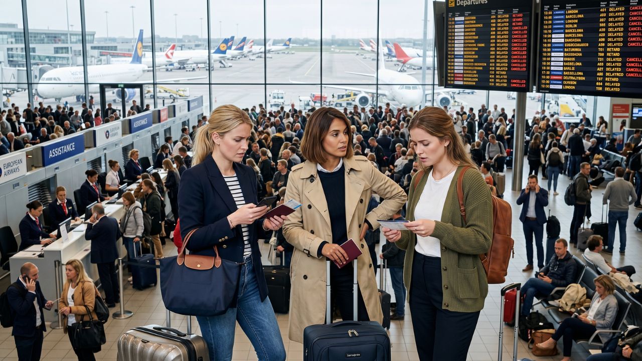 Thousands of frustrated travelers stranded at Paris Charles de Gaulle Airport facing massive travel chaos, flight cancellations, and severe airport disruptions across Europe