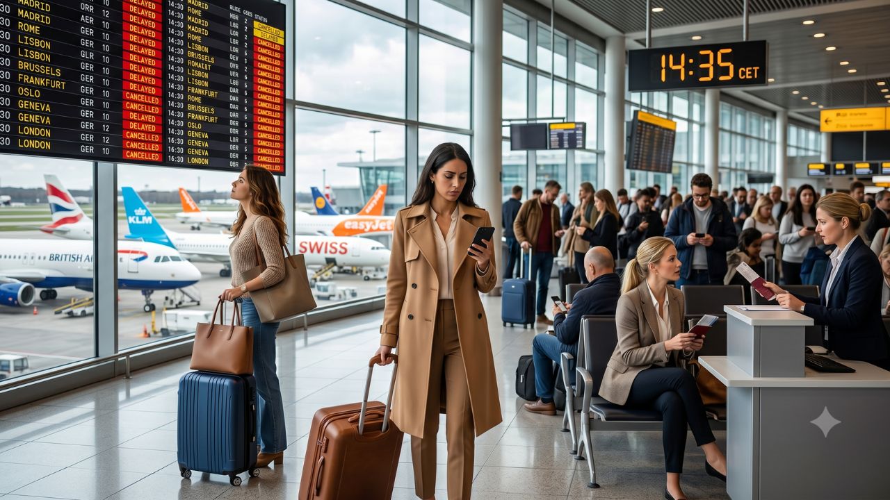 A highly dramatic scene capturing massive passenger confusion and severe travel chaos as a catastrophic 1,550-flight delay violently paralyzes major European airports including Madrid and Rome
