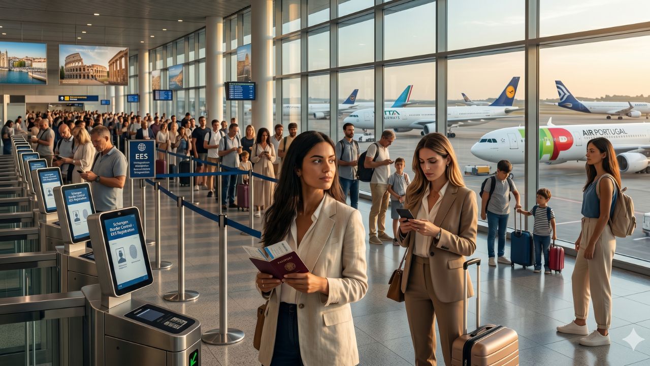 A highly dramatic scene capturing thousands of stranded passengers facing terrifying travel chaos and massive airport delays at a major European border checkpoint