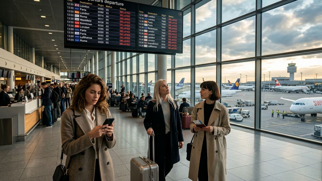 A highly dramatic scene capturing European aviation authorities aggressively battling severe international travel chaos and massive flight cancellations across congested transit hubs