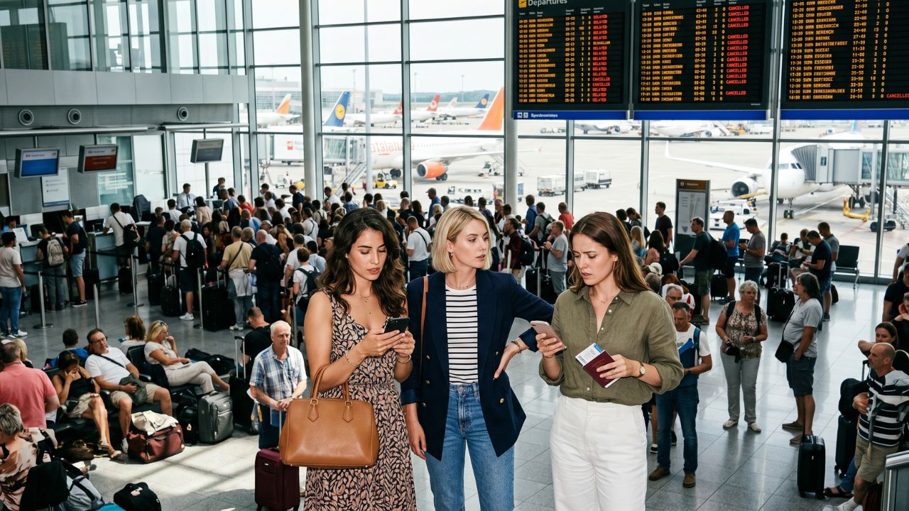 Millions of stranded holidaymakers trapped in a European airport terminal facing massive travel chaos, rolling flight cancellations, and severe airport disruptions due to indefinite ATC strikes
