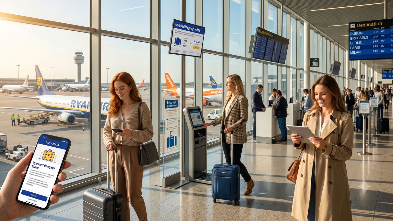 A highly dramatic scene capturing massive passenger confusion and severe travel chaos as European aviation authorities forcefully dismantle traditional budget airline ticketing models