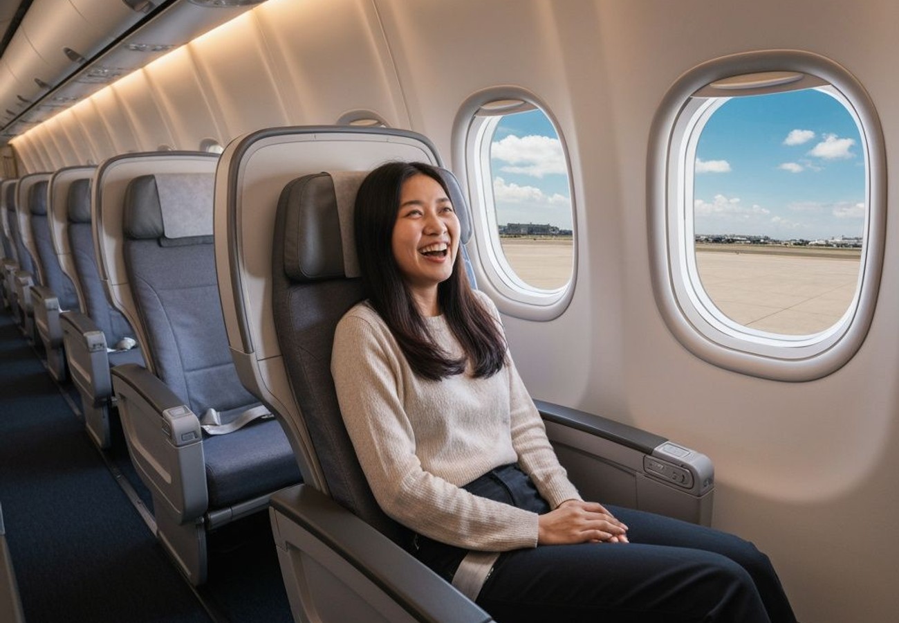 EVA Air Boeing 787-9 Dreamliner interior showing premium economy cabin with 2-3-2 seating configuration