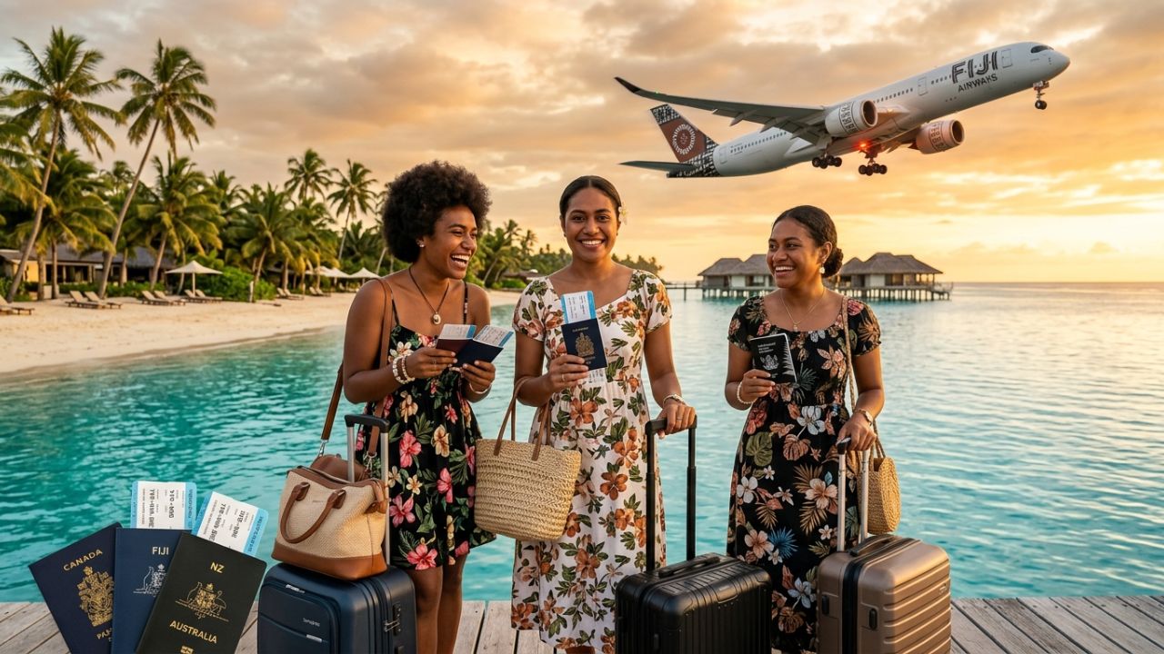 A Fiji Airways widebody aircraft taking off from Vancouver International Airport, symbolizing the massive codeshare expansion designed to bypass global travel chaos
