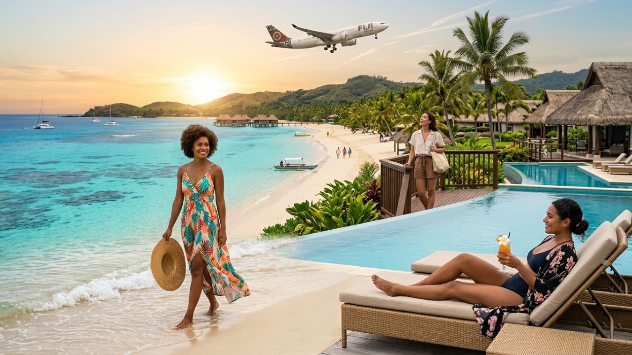 A highly dramatic scene capturing a Fiji Airways aircraft taking off, offering a rapid, direct escape route for Australian passengers actively avoiding severe domestic airport disruptions and travel chaos
