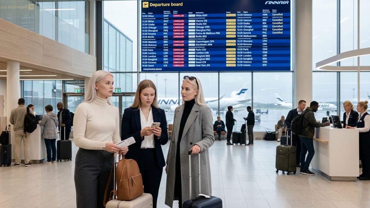 A grounded Finnair aircraft at Helsinki-Vantaa Airport during severe travel chaos, surrounded by delayed passenger luggage and ground crew.