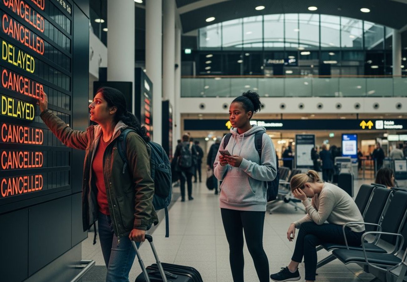 Helsinki-Vantaa Airport terminal during flight disruptions on June 19, 2026
