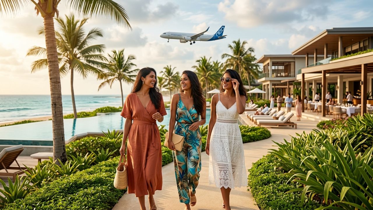A FitsAir Airbus narrow-body aircraft flying directly from Ahmedabad to Colombo, effectively bypassing the massive travel chaos at centralized transit hubs