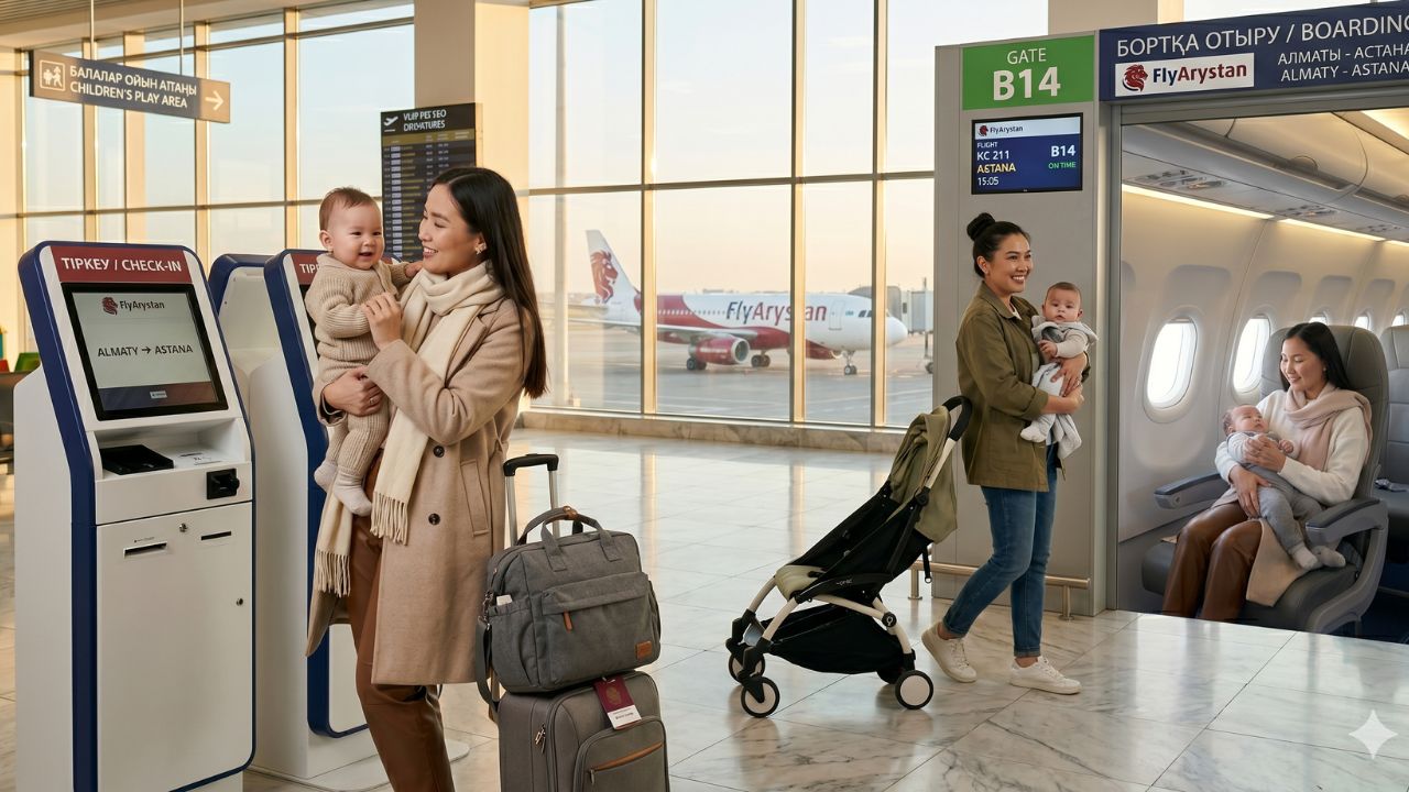 A highly organized, congestion-free FlyArystan check-in counter designed to completely shield families with infants from severe travel chaos and massive terminal gridlock