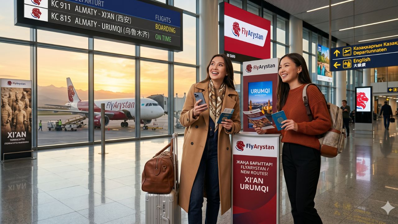 A highly advanced, congestion-free FlyArystan aircraft boarding in Kazakhstan, designed to completely shield budget passengers from severe travel chaos and massive terminal gridlock en route to China