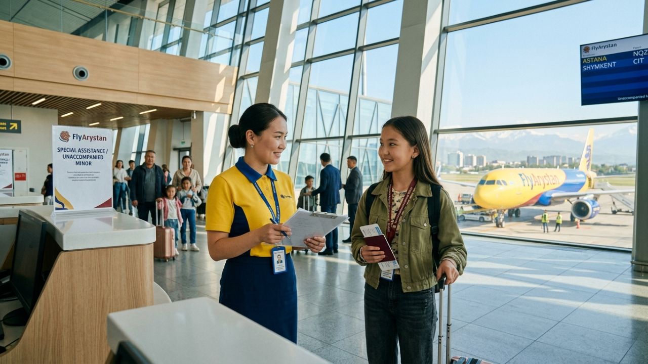 A highly dramatic scene capturing a young child safely guided by FlyArystan ground staff through a massive, chaotic airport terminal, representing a strategic deployment designed to rescue minors from severe travel chaos