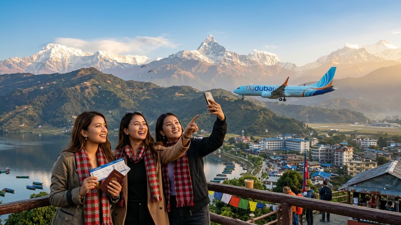 A highly dramatic scene capturing a Flydubai aircraft bypassing heavily congested airport hubs, flying directly toward the Himalayan mountains to escape regional travel chaos