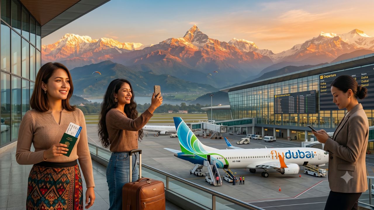 A highly dramatic scene capturing massive passenger congestion and severe travel chaos as Flydubai aggressively deploys a massive new route from Pokhara to crush terminal gridlock in Nepal