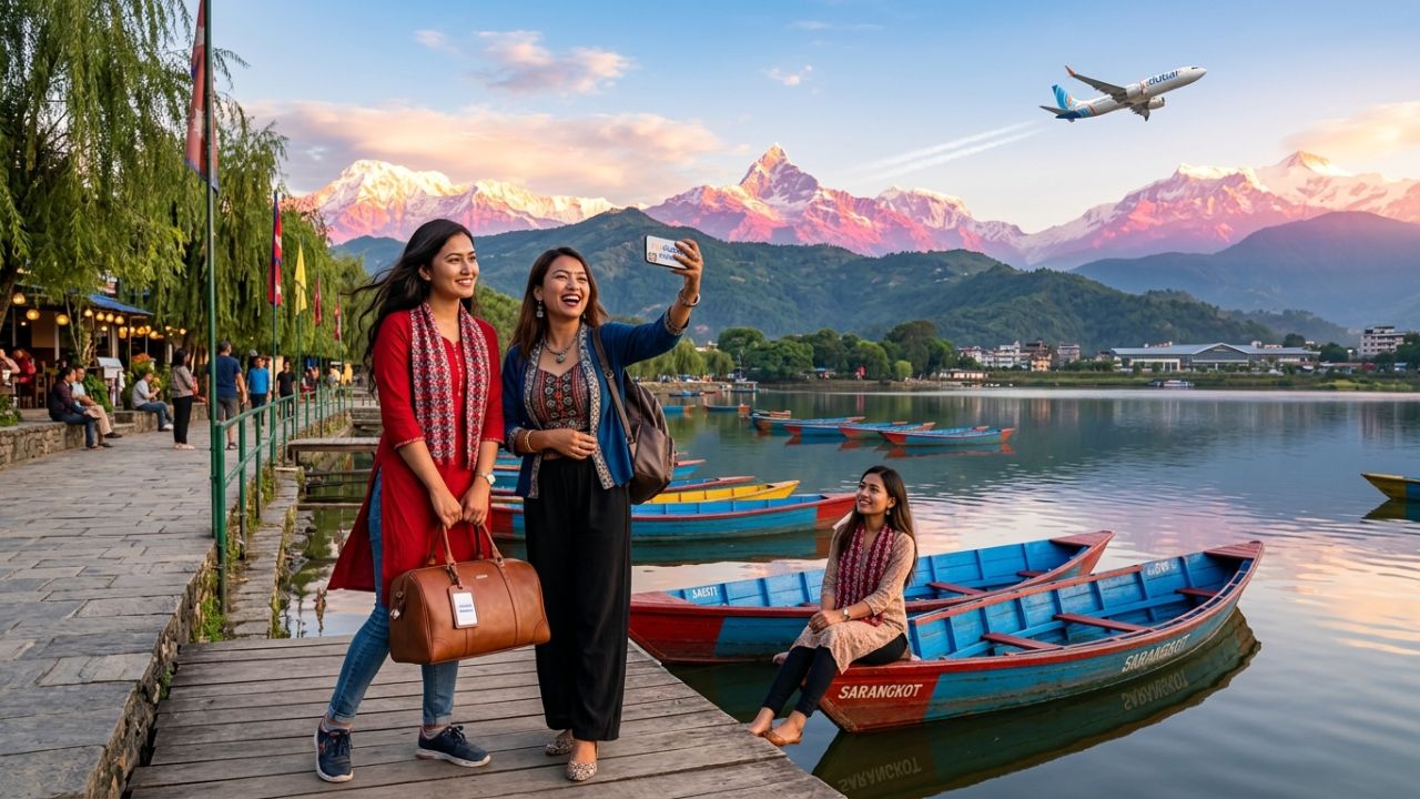 A highly dramatic scene capturing a flydubai Boeing 737 MAX touching down, offering a rapid, direct escape route for international passengers actively avoiding severe domestic airport disruptions and travel chaos in Nepal