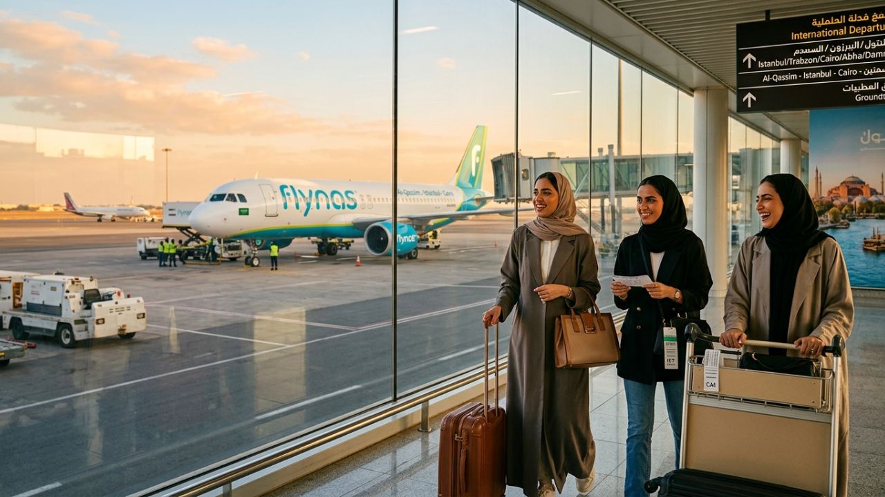 A flynas aircraft stationed at the newly established Prince Naif bin Abdulaziz International Airport base in Al-Qassim, designed to bypass Saudi hub travel chaos