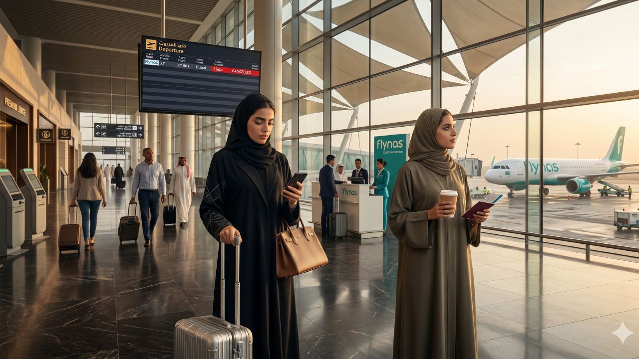 A highly chaotic scene at King Abdulaziz International Airport in Jeddah showing desperate crowds of passengers stranded by a severe Flynas flight cancellation to Dubai