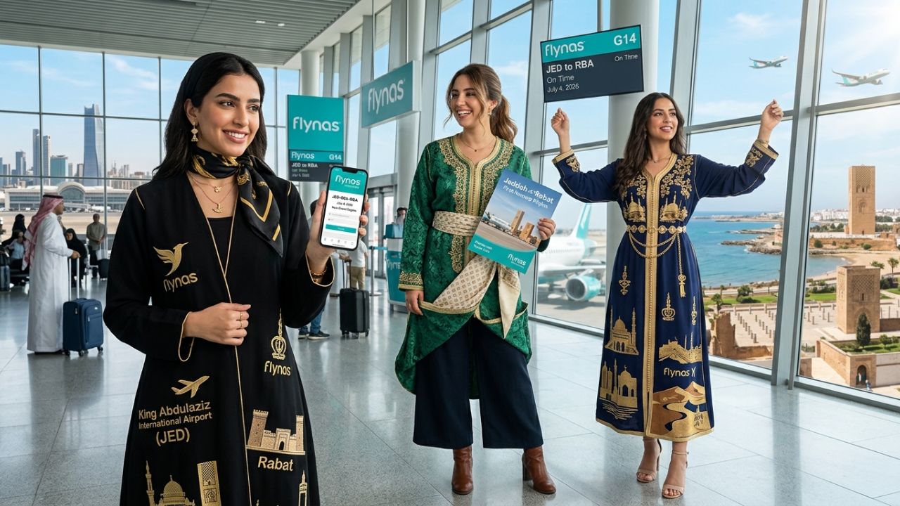 A flynas aircraft preparing for departure, representing the new direct aviation link between Jeddah and Rabat designed to bypass global travel chaos.
