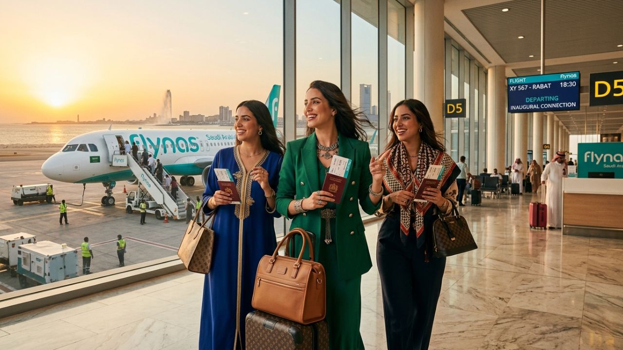 A highly dramatic scene capturing a Flynas passenger jet powering out of Jeddah towards Morocco, representing a massive strategic deployment designed to rescue international travelers from severe regional airport disruptions and travel chaos
