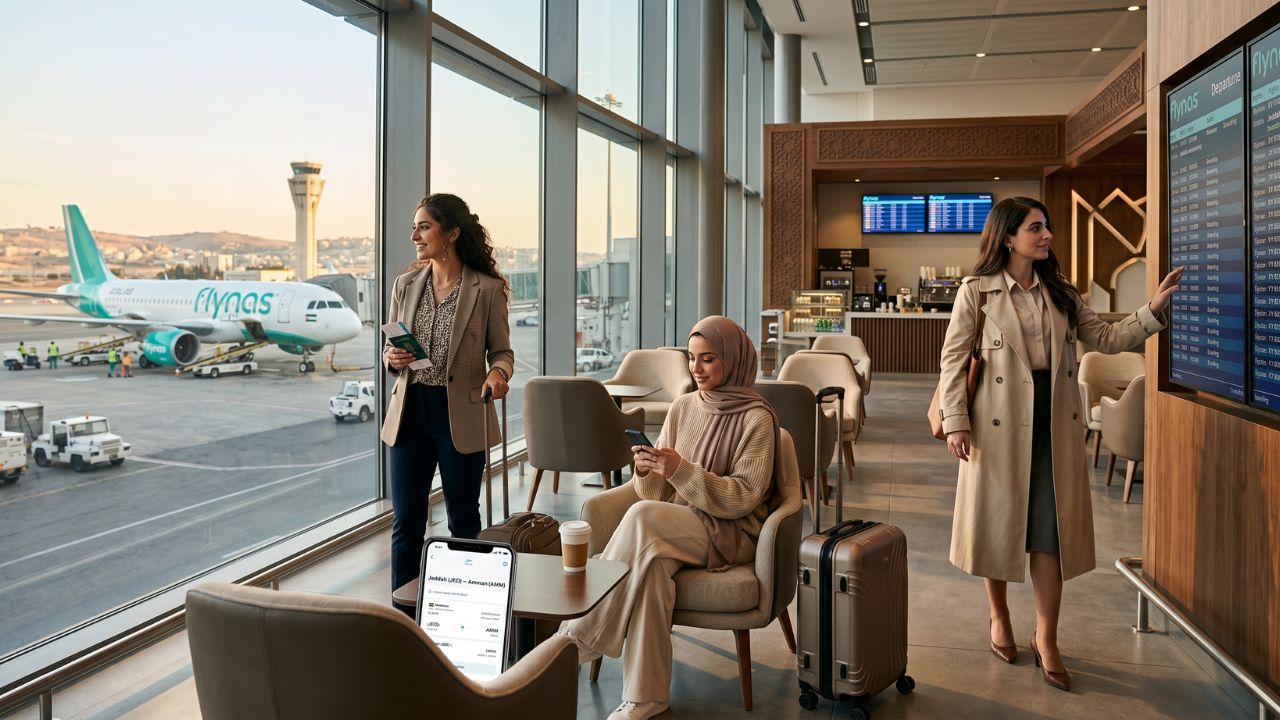 A sleek flynas Airbus A320neo touching down at Amman City Airport, providing passengers immediate, rapid access to the bustling downtown Jordanian capital