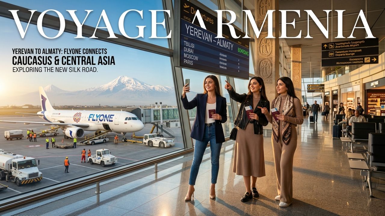 A highly dramatic scene capturing a FlyOne Armenia jet departing Yerevan for Almaty, representing a massive strategic deployment designed to rescue international travelers from severe Eurasian airport disruptions and travel chaos