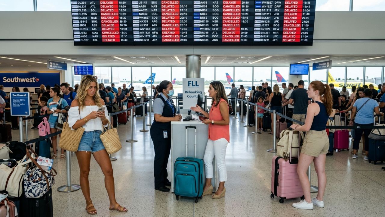 A highly congested departure board at Fort Lauderdale Hollywood International Airport displaying massive travel chaos and cascading flight cancellations paralyzing the Florida aviation hub