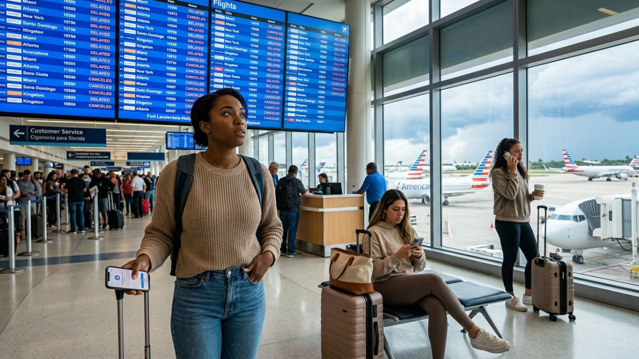 A highly congested departure terminal at Fort Lauderdale International Airport displaying massive flight cancellations, capturing the severe travel chaos impacting routes to the US, Latin America, and the Caribbean.